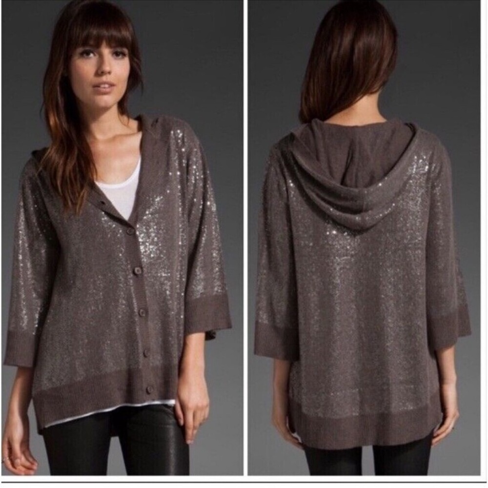 Alice & Olivia Brown Taupe Sequin Hooded Cardigan size large - Picture 2 of 16